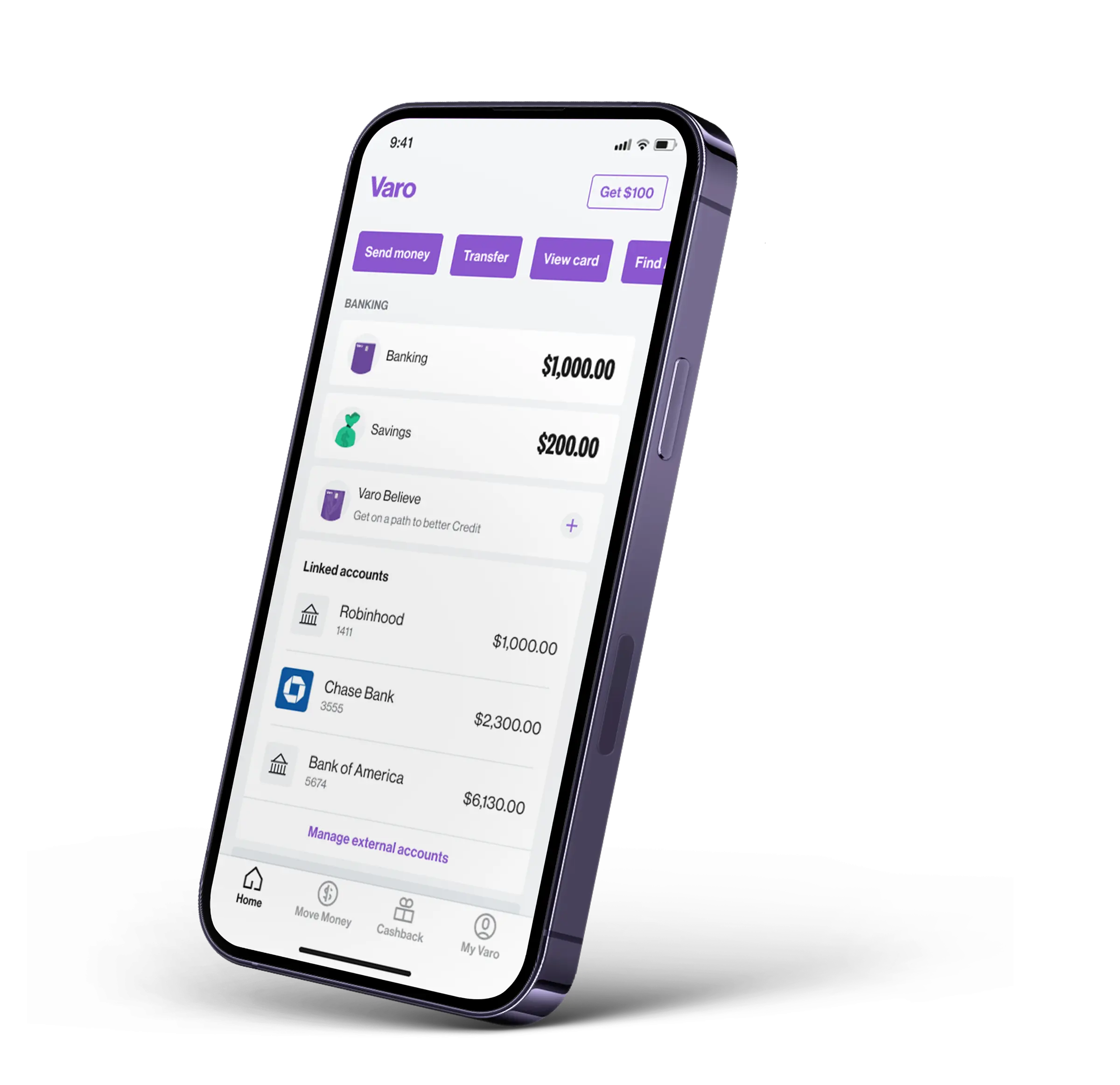 varo homescreen ui on phone with linked external bank accounts