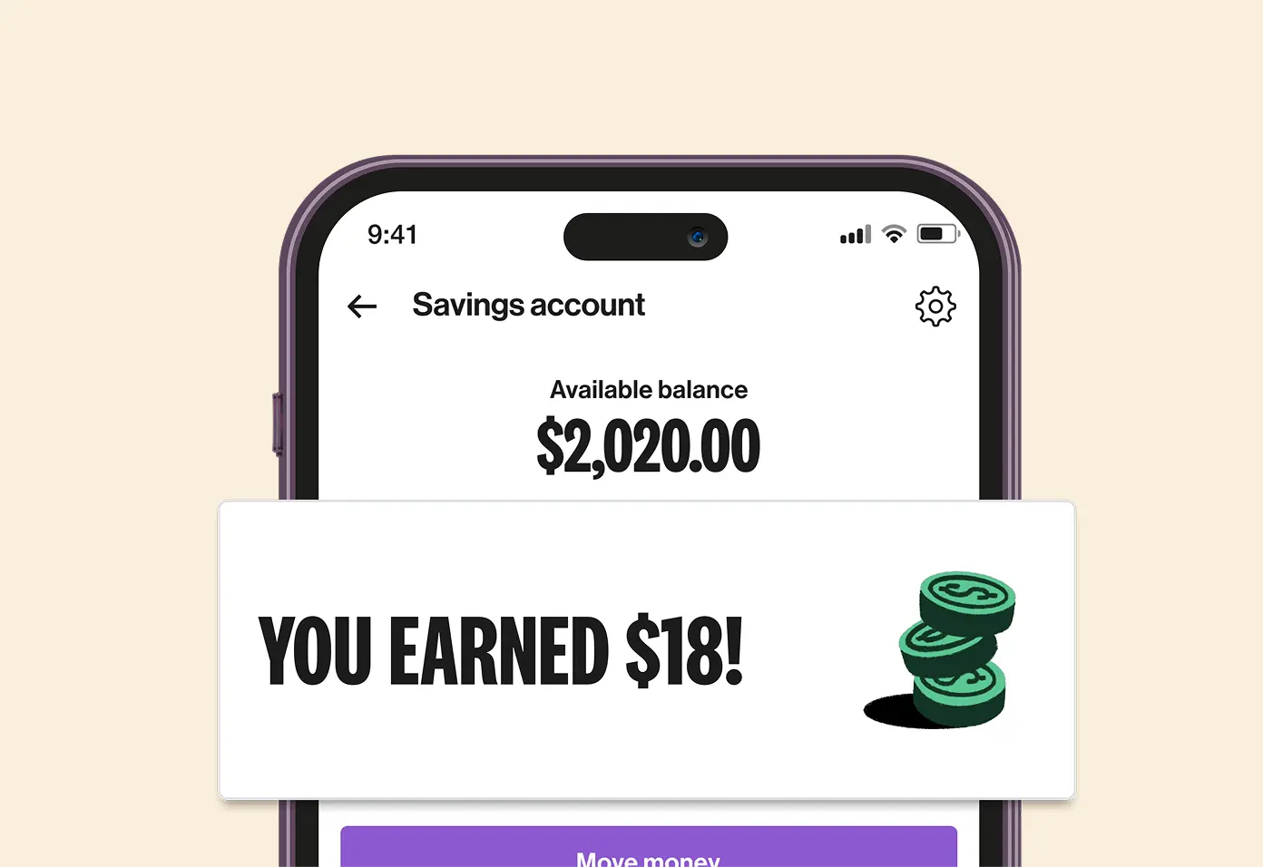 varo phone screen - savings account balance earned $18